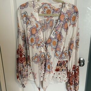 Free People Floral Boho Tie Front Blouse Size M Flowy Balloon Sleeve Top
